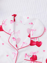 Women'S 2-Piece Elegant Cherry Bow Print Pajama Set Short Sleeve Button Shirt Stretchy Shorts Party Sleepwear Loungewear