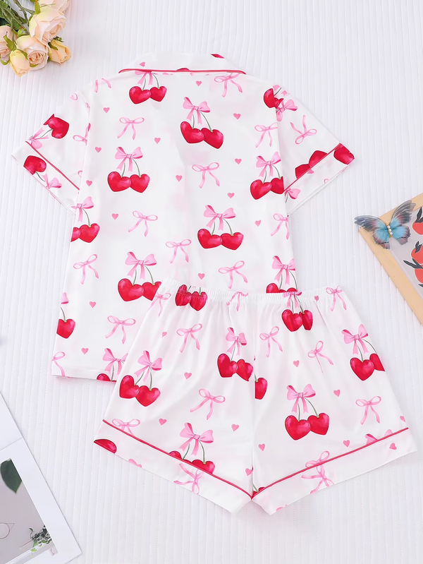 Women'S 2-Piece Elegant Cherry Bow Print Pajama Set Short Sleeve Button Shirt Stretchy Shorts Party Sleepwear Loungewear