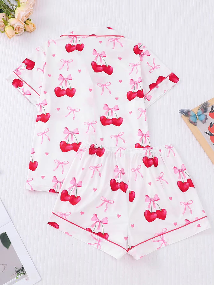 Women'S 2-Piece Elegant Cherry Bow Print Pajama Set Short Sleeve Button Shirt Stretchy Shorts Party Sleepwear Loungewear