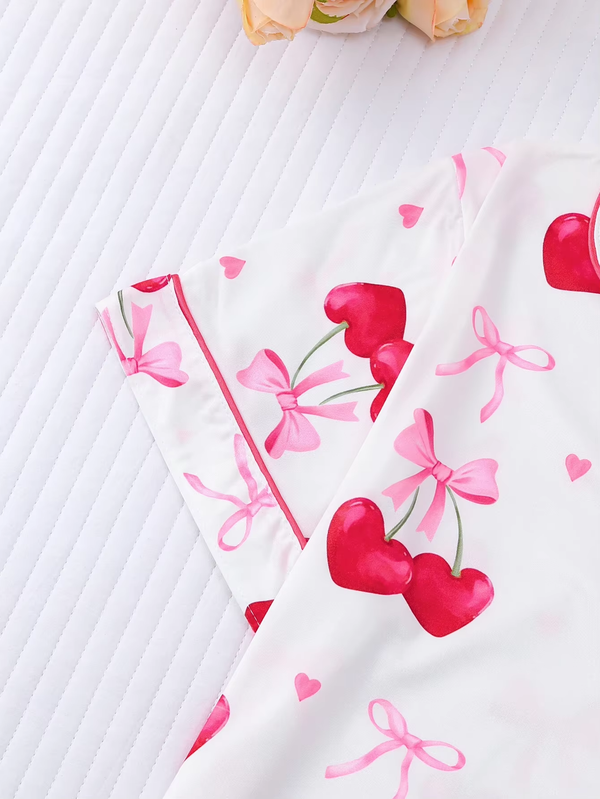 Women'S 2-Piece Elegant Cherry Bow Print Pajama Set Short Sleeve Button Shirt Stretchy Shorts Party Sleepwear Loungewear