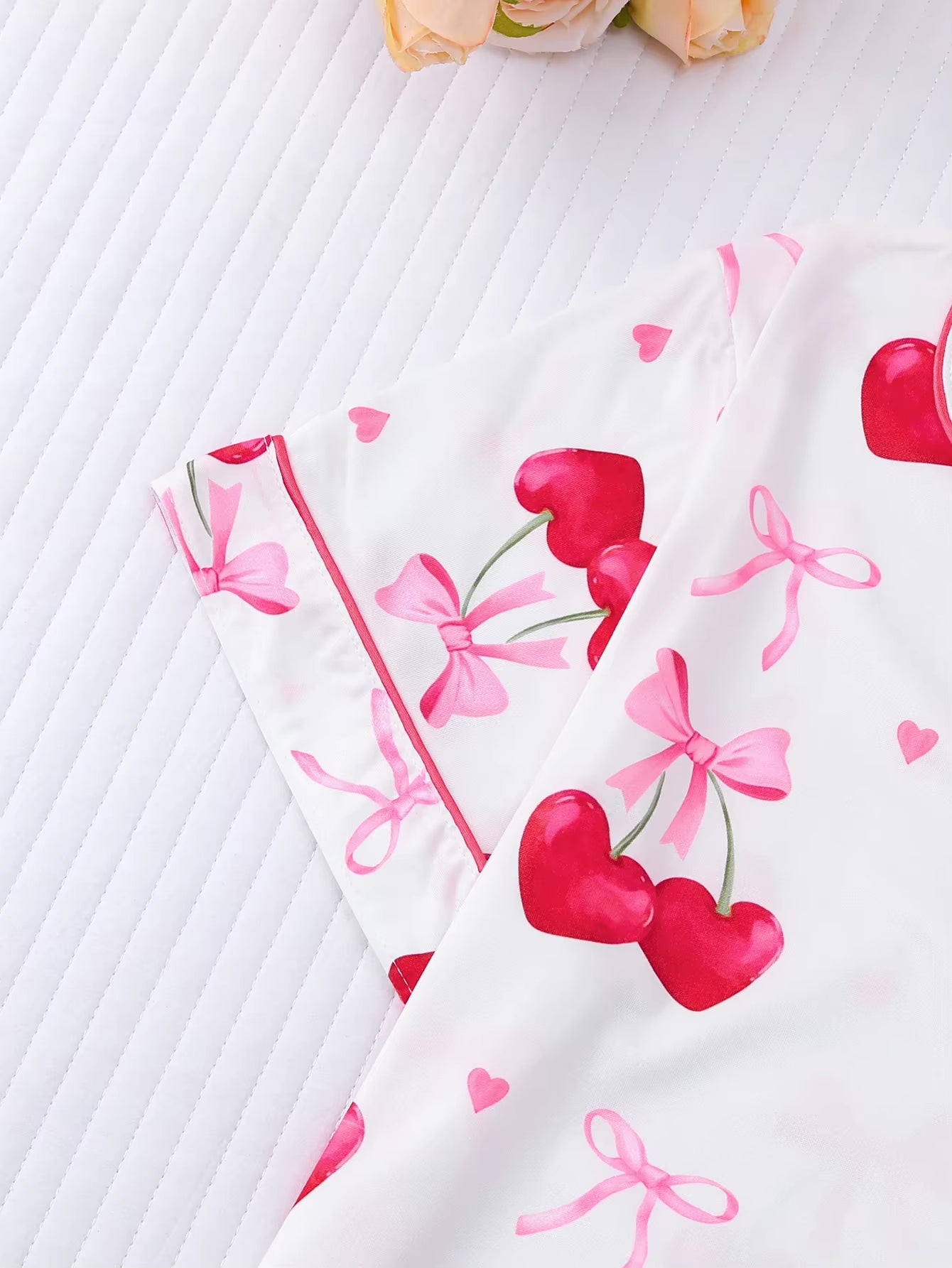 Women'S 2-Piece Elegant Cherry Bow Print Pajama Set Short Sleeve Button Shirt Stretchy Shorts Party Sleepwear Loungewear