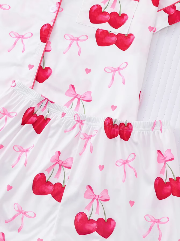 Women'S 2-Piece Elegant Cherry Bow Print Pajama Set Short Sleeve Button Shirt Stretchy Shorts Party Sleepwear Loungewear