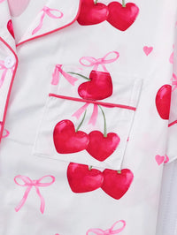Women'S 2-Piece Elegant Cherry Bow Print Pajama Set Short Sleeve Button Shirt Stretchy Shorts Party Sleepwear Loungewear