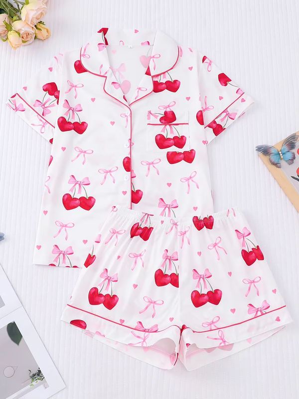 Women'S 2-Piece Elegant Cherry Bow Print Pajama Set Short Sleeve Button Shirt Stretchy Shorts Party Sleepwear Loungewear
