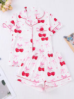 Women'S 2-Piece Elegant Cherry Bow Print Pajama Set Short Sleeve Button Shirt Stretchy Shorts Party Sleepwear Loungewear