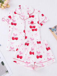 Women'S 2-Piece Elegant Cherry Bow Print Pajama Set Short Sleeve Button Shirt Stretchy Shorts Party Sleepwear Loungewear